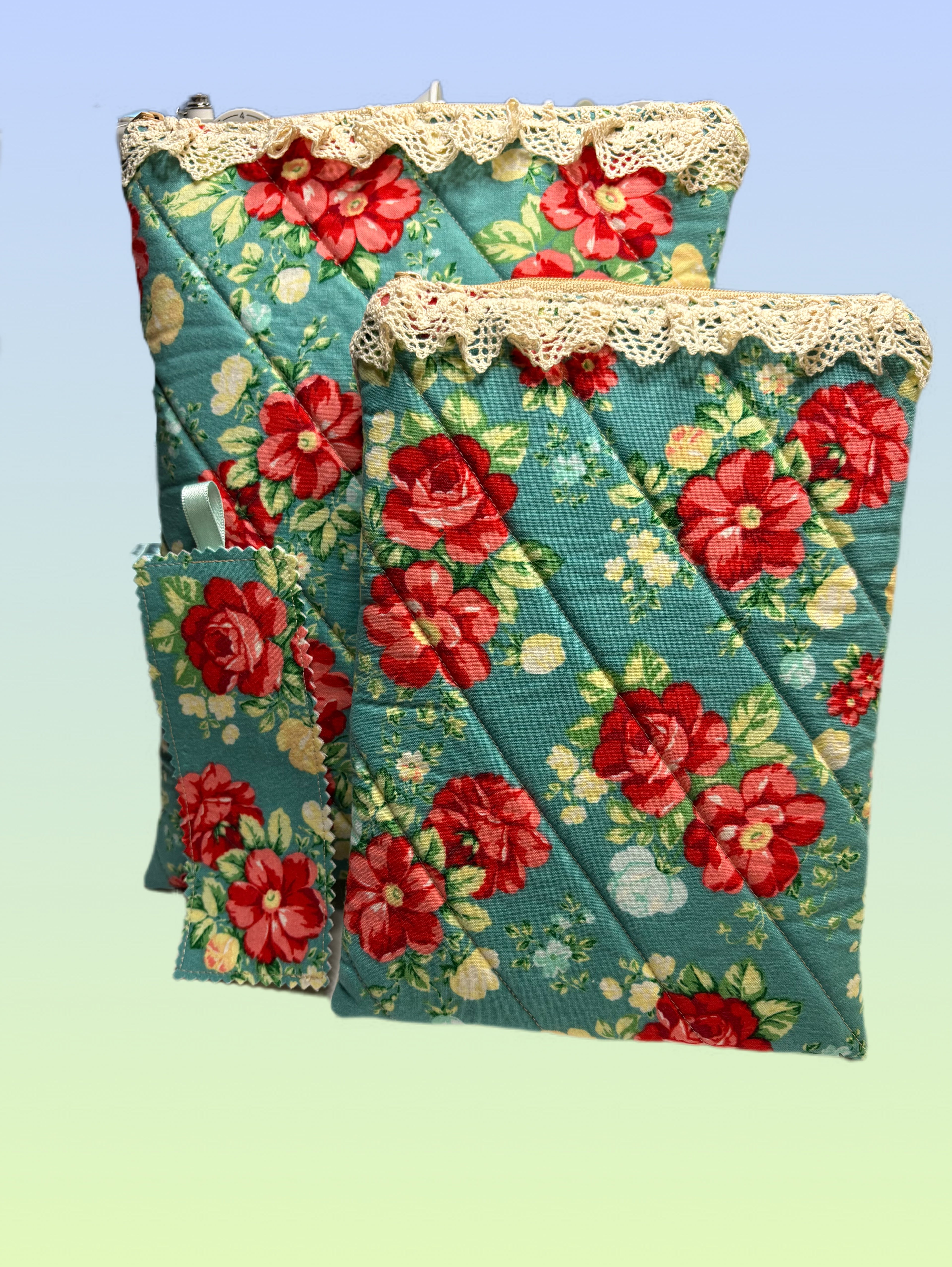 Handmade quilted teal floral book sleeve and tablet sleeve set with lace trim and matching fabric bookmark.