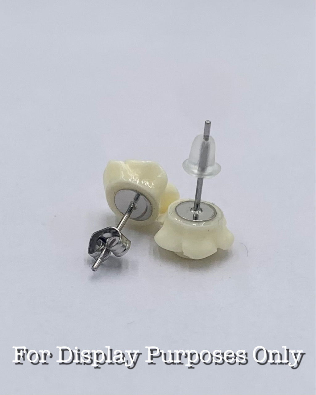 Two butter cream rose earrings on a white background with text 'For Display Purposes Only'.