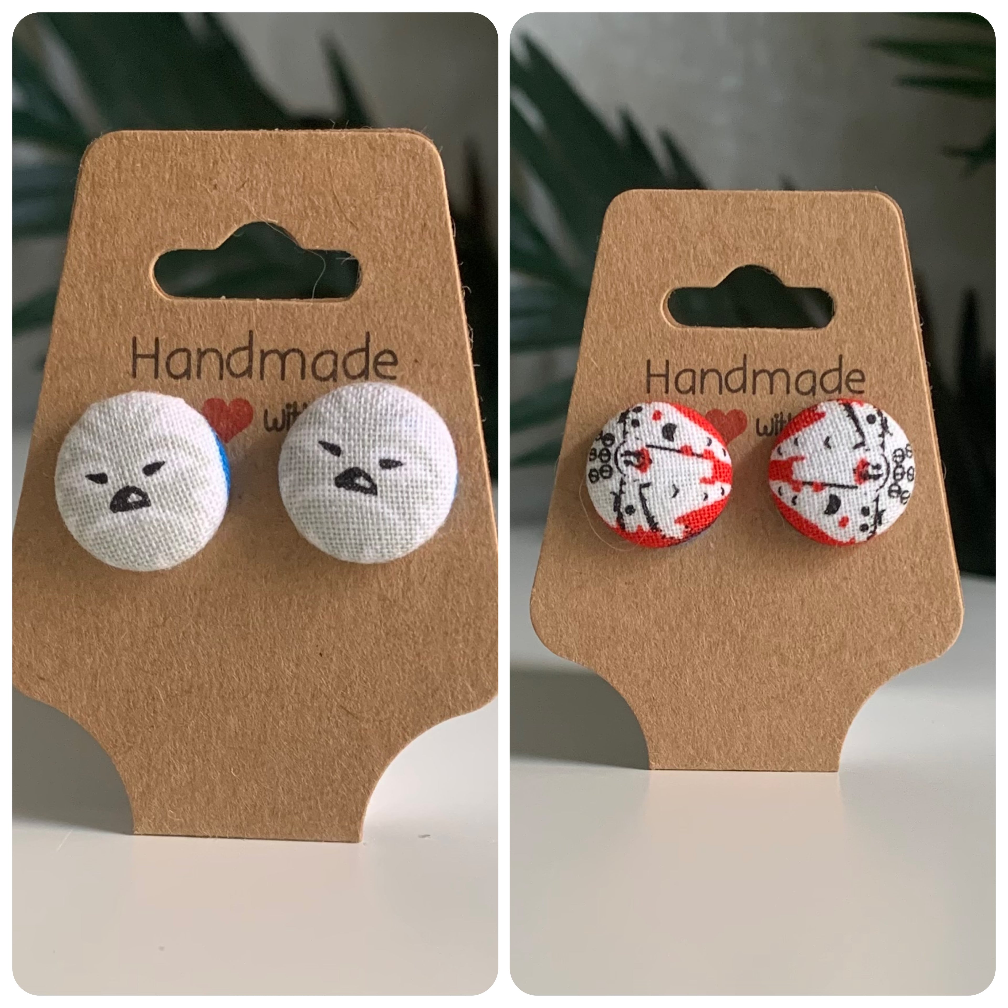Two pairs of Star Wars Chewbacca and millennial falcon earrings on 'Handmade with love' branded card with a blurred green plant background.