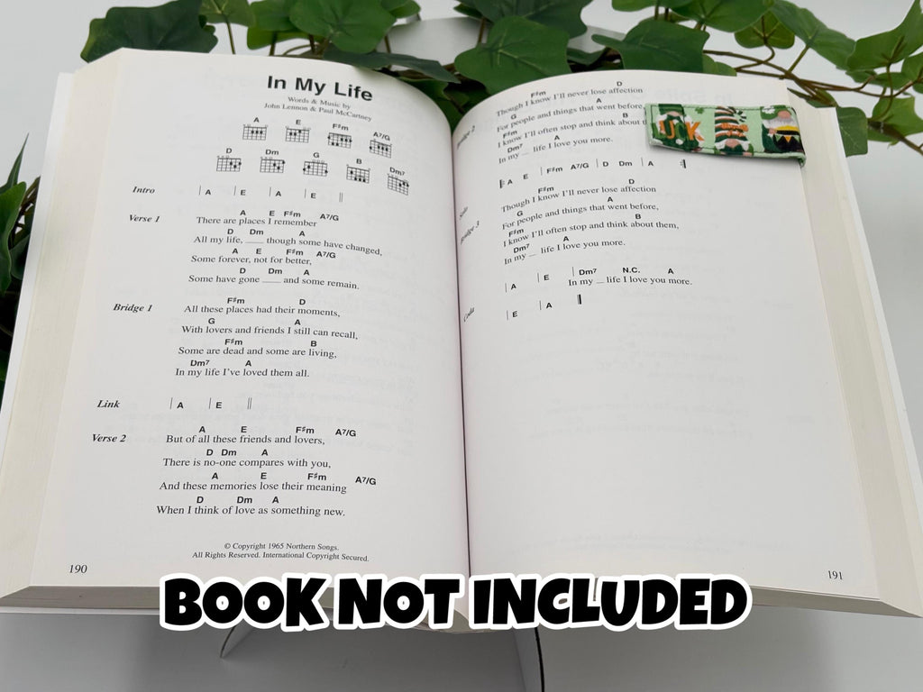Open book with text and a Green Gnome pattern magnetic bookmark on a white background with text that says "Book Not Included"