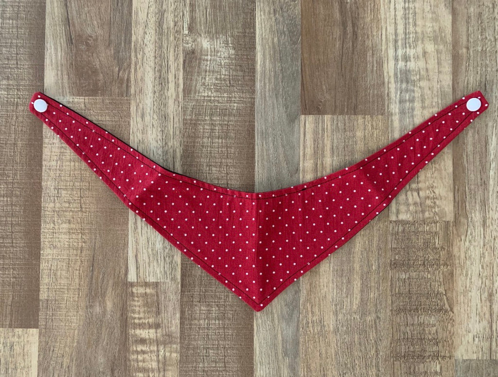 Red with white polka dot pet bandana on a wooden floor