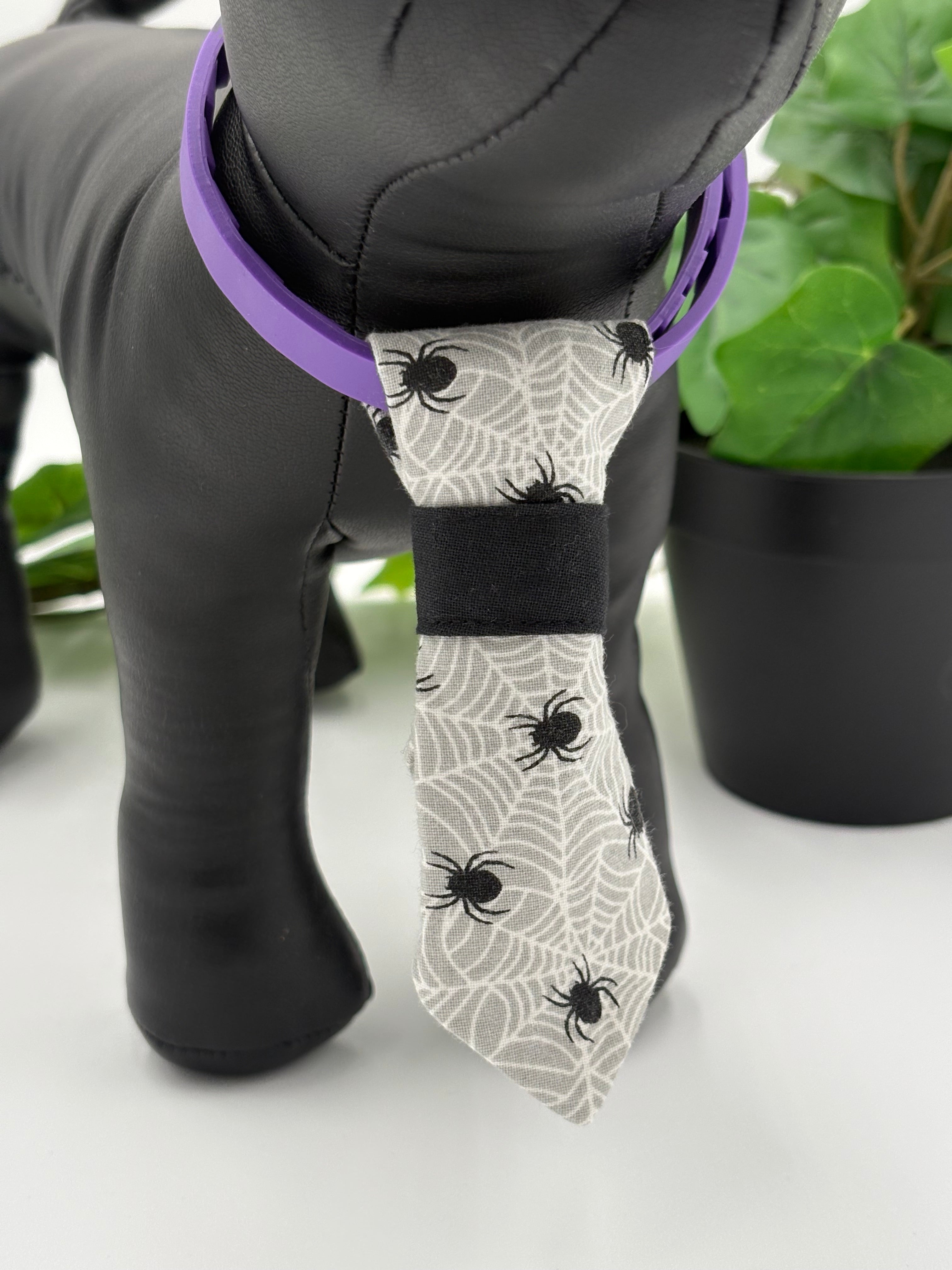 close up of Black dog mannequin with a spiderweb necktie on a white background with green potted plant