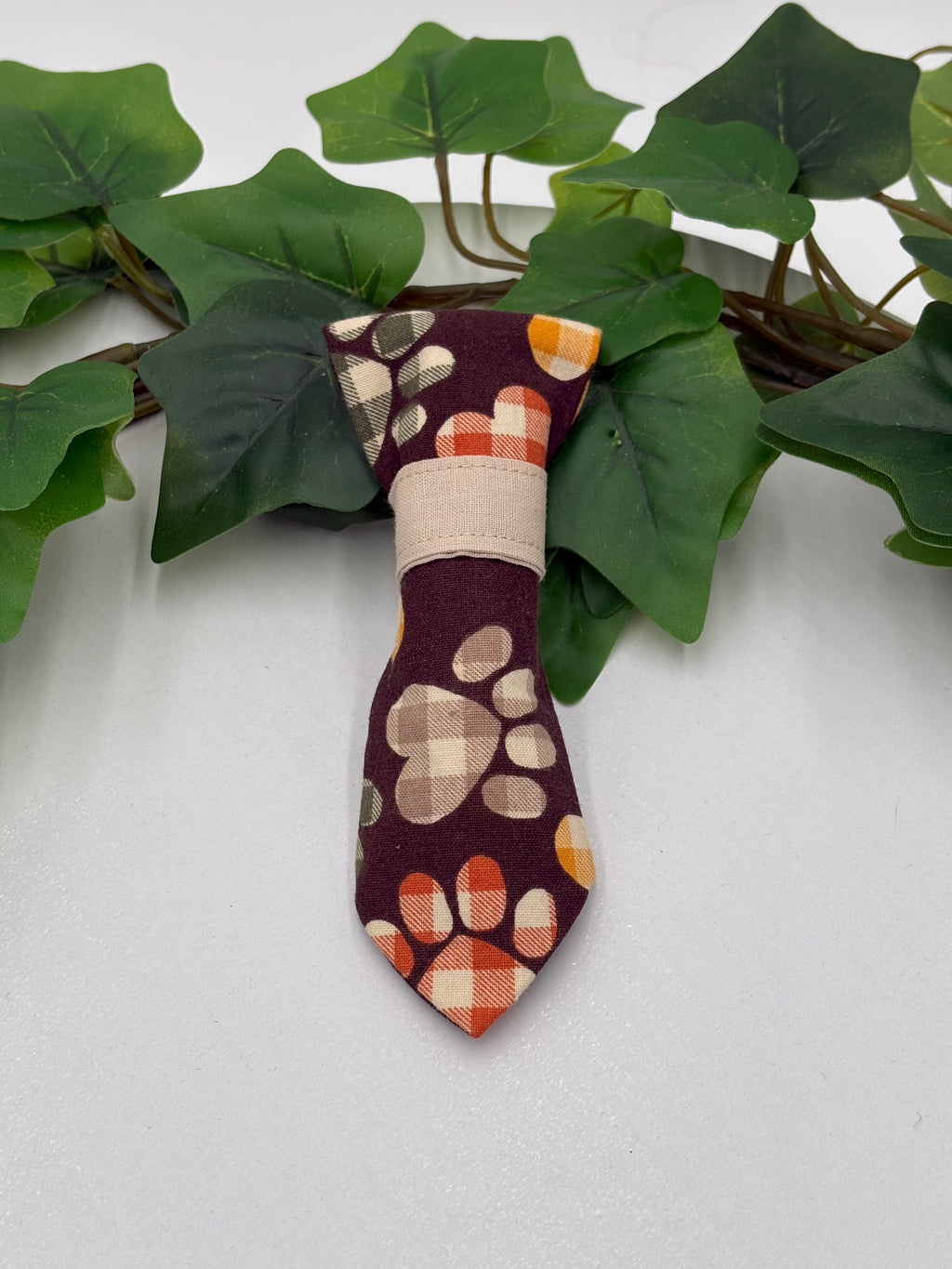 Plaid bow tie with paw print design on a white background with green leaves