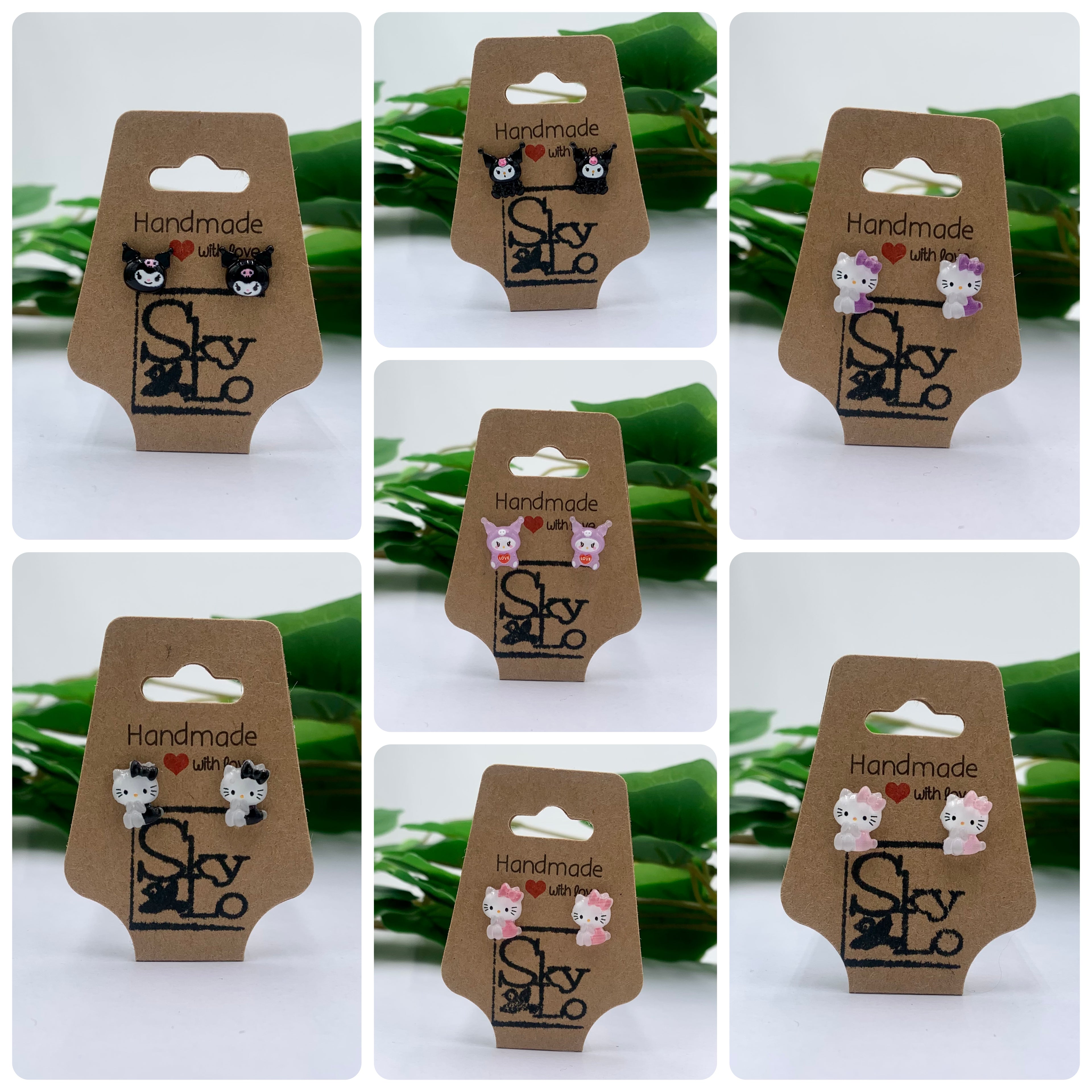 7 kitty style earrings arranged in a collage. 