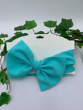 Turquoise bow tie on a white card with green leaves in the background