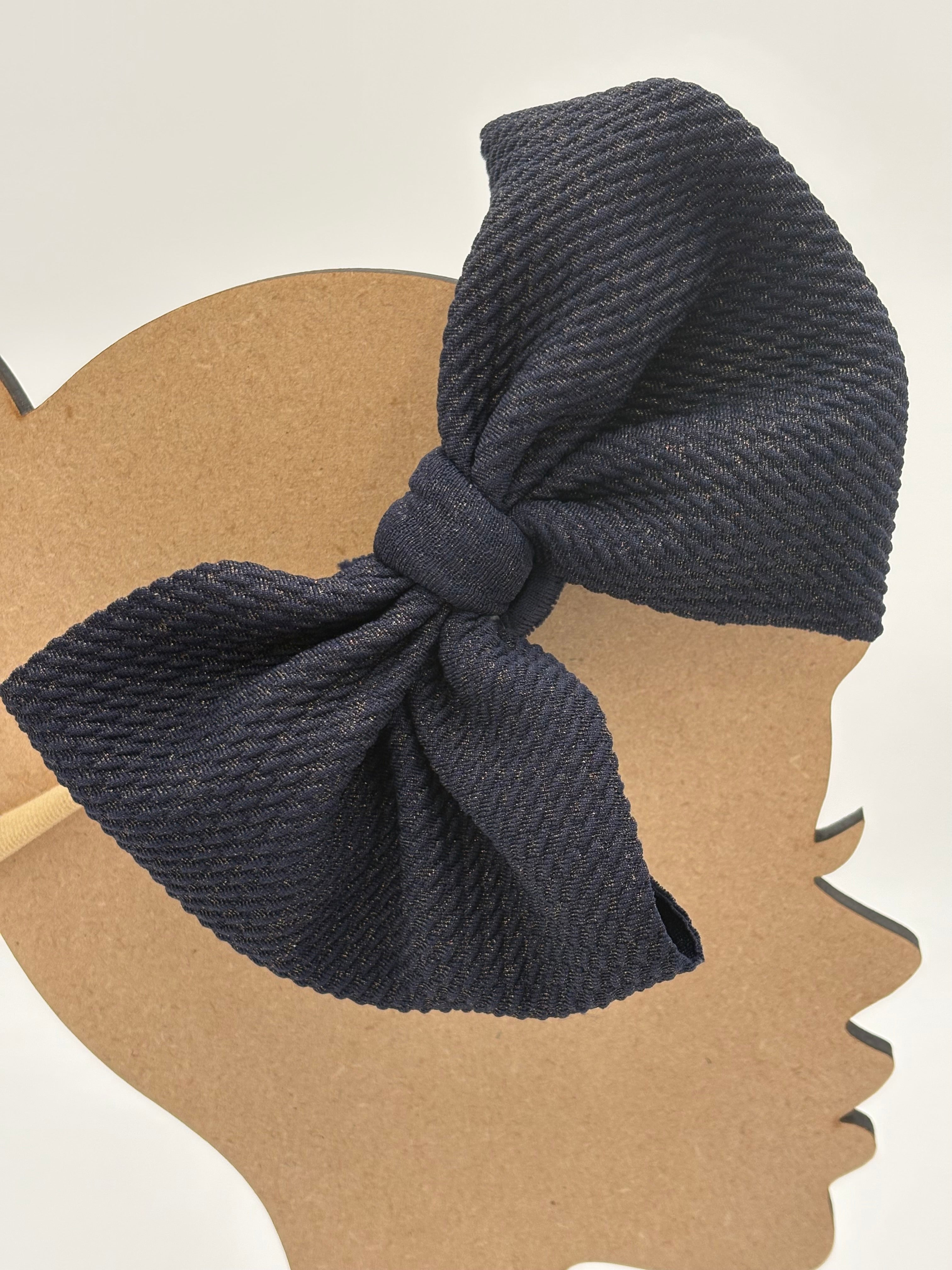Gold Sparkle Navy Blue Nylon Baby Girl Big Bow Headband