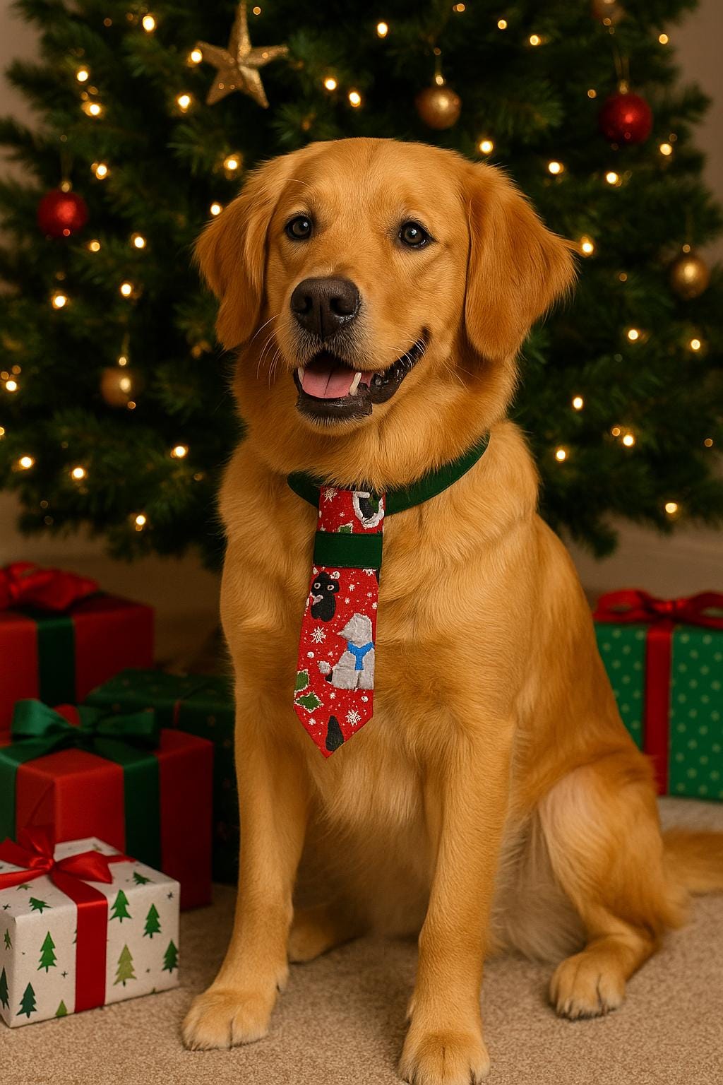 Dog wearing a Christmas over the collar necktie in front of a decorated Christmas tree with presents.