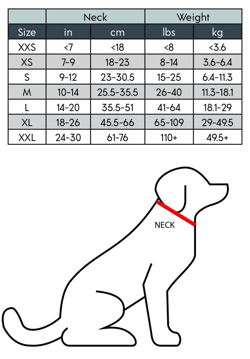 Dog size chart with neck and weight measurements and a diagram of a dog wearing a red collar.