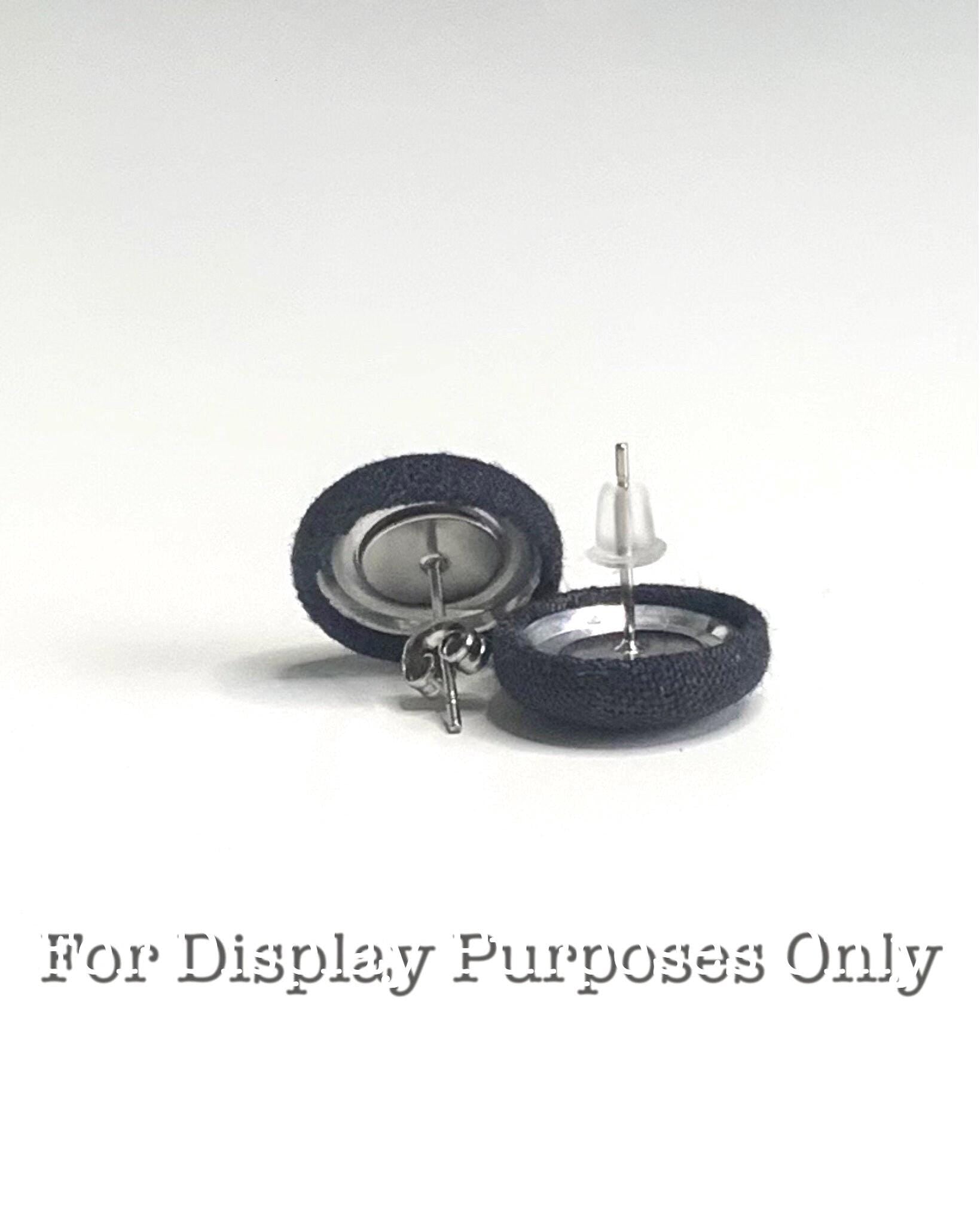 Two small round earrings with a central shaft on a white background, labeled 'For Display Purposes Only'.
