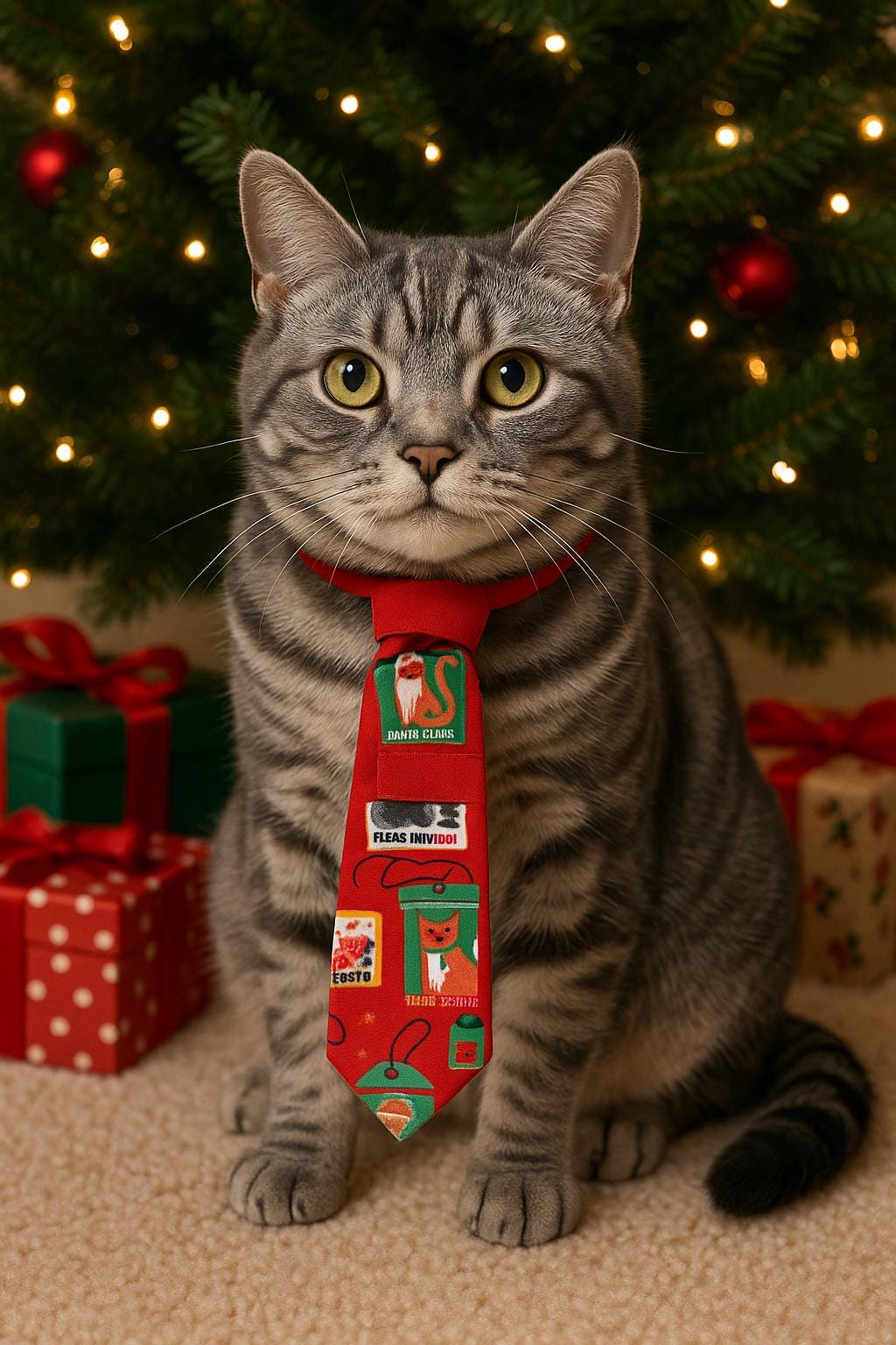 Cat wearing a red Christmas themed over the collar necktie with a decorated tree and presents in the background