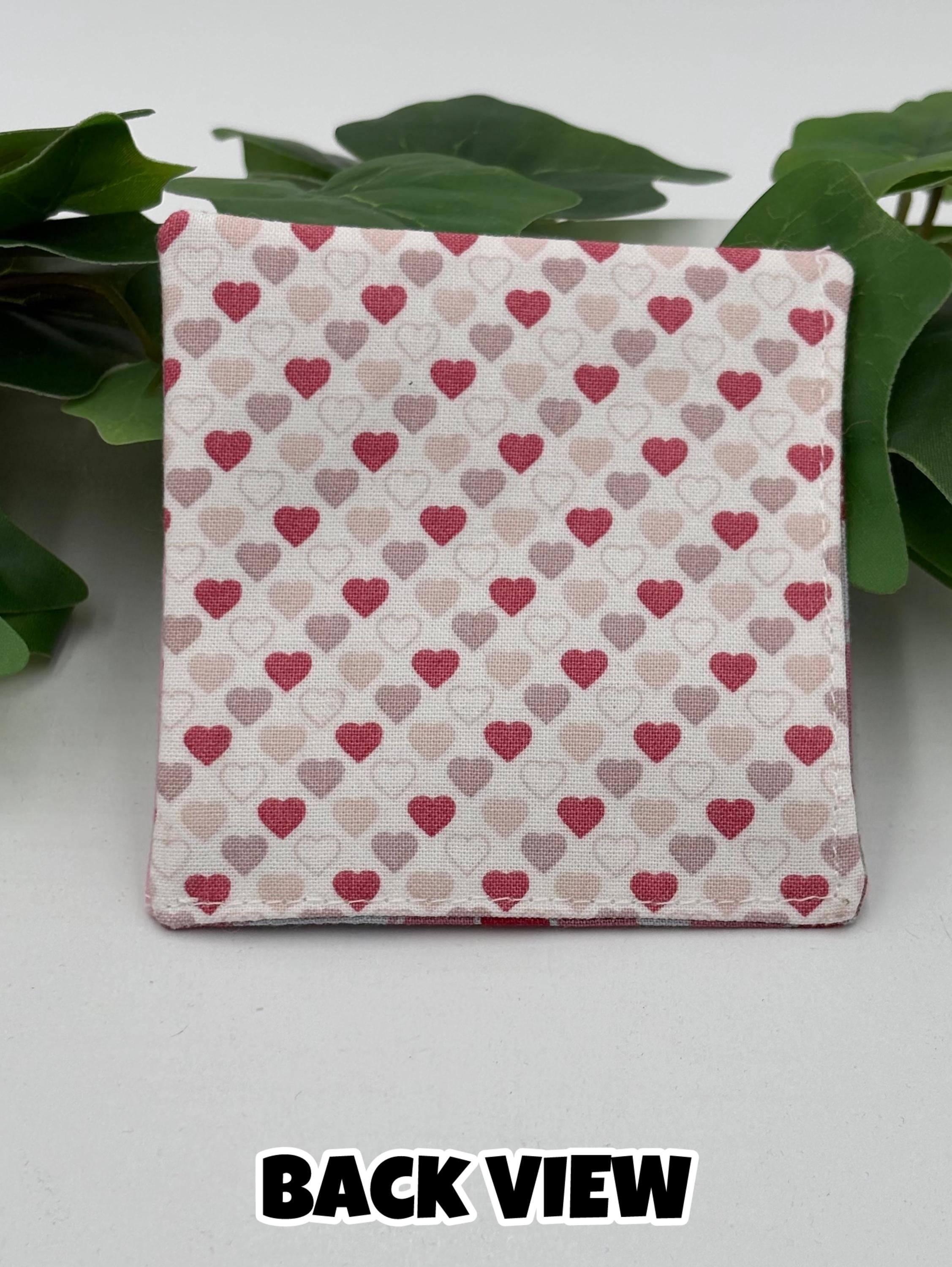 Fabric square corner bookmark with heart pattern on a white background with green leaves. with text "Back View".